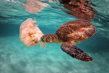 Wall Mural - Green sea turtle (Chelonia mydas) playing with a jellyfish under the ocean