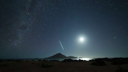 Wall Mural - Falling star in the night landscape of the Pan de Azucar national park under the cloudy sky in Chile
