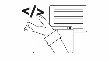 Poster - Animated mono create website script. Webpages source code. 2D black and white flat character hand 4K video footage with alpha channel transparency. Thin line art concept animation for web design