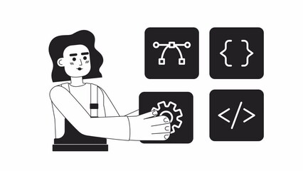 Fototapete - Animated mono website builder. Female programmer developer. 2D black and white flat character 4K video footage with alpha channel transparency. Thin line art concept animation for web design