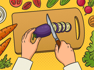 Wall Mural - chef cutting vegetables pinup pop art retro raster illustration. Comic book style imitation.