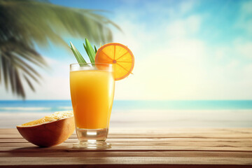 Refreshing tropical fruit drink on the table with the beach in the background