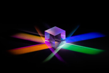 Wall Mural - Spectral decomposition of a light ray into colors. A glass cube reflects many colors