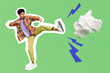 © deagreez - Creative collage image of mini sporty guy leg kick fight big crumpled paper isolated on painted green background