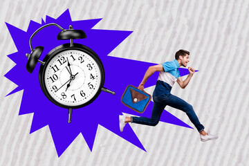 Poster - Creative photo collage artwork sketch of young busy man hurry running late for work alarm clock ringing isolated on painting background
