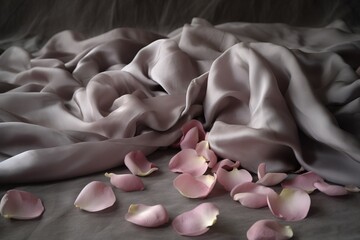 Sticker -  a pile of petals on a bed with a gray sheet in the middle of the bed and a pile of pink petals on the bed.  generative ai