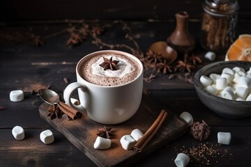  a cup of hot chocolate with marshmallows on a cutting board with spices and cinnamons around the cup and a bowl of cinnamons.  generative ai