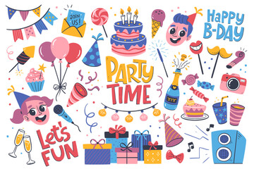 Kids party design elements for invitations, greeting cards, backgrounds... Happy birthday hand drawn set. Party garlands, gift boxes, cake with candles, fireworks, confetti, party hats, music, balloon