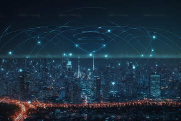Poster - Modern city with wireless network connection and city scape concept. Wireless network and Connection technology concept with city background at night, Generative AI	