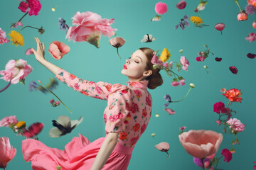 Wall Mural - flying woman colour peony flower fashion colorful art spring falling beauty. Generative AI.