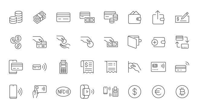 payment line icons set. cash money, coins in hand, credit card, wallet, bank check, cashless pay, re