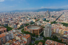 Aerial View Of La Monumental, An Historical Bullring In Barcelona Downtown, Catalunya, Spain.