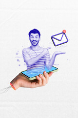Poster - Creative banner poster collage of young guy google assistant hologram messenger pointing new email on social network facebook whatsup