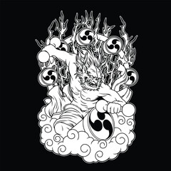 Wall Mural - Raijin Japanese Mythology Black and White Illustration