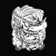 Sticker - Tengu Japanese Doll Black and White Illustration