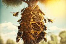 Bees Hive Nest On Tree Fairy Tale Background, Created With Generative Ai