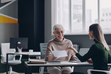 Wall Mural - Happy female HR manager having interview with job candidate while sitting at the office desk