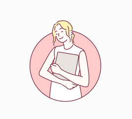 Wall Mural - woman hugging laptop. hand drawn style vector design illustrations.