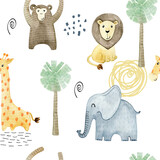 Fototapeta Dziecięca - Watercolor seamless pattern with cute safari animals. Exotic wallpaper for fabric, wrapping paper, etc