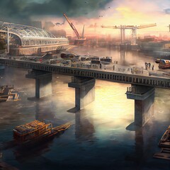 Wall Mural - Construction of a huge pontoon bridge across a large river in the city center, created with generative ai