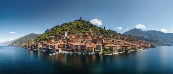 View of the city on the seashore.Aerial view. Panoramic shot. Generative AI