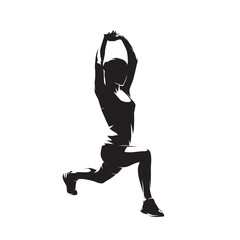 Wall Mural - Woman stretches her thigh muscles after a workout. Regeneration after running, isolated vector silhouette