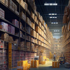 Sticker - Huge shelves of a logistics company filled with boxes, created with generative ai