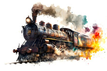 Old Train Isolated On White, Watercolor Paint, Illustration Generative AI