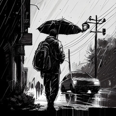 Wall Mural - person in the rain with umbrella drawing - by generative ai