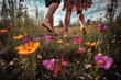 AI Generative Illustration of a couple's feet walking barefoot on a blooming flower field in spring or summer feeling nature
