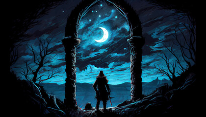Wall Mural - grim dark fantasy night, moonlight adventurer rpg dreamy fairy tale - by generative ai