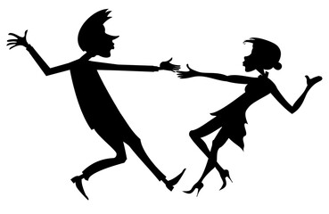 Sticker - Romantic dancing young couple. Art silhouette. 
Funny dancing young man and woman. Black and white
