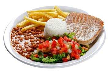 Canvas Print - Rice, beans, grilled pork, salad and french fries