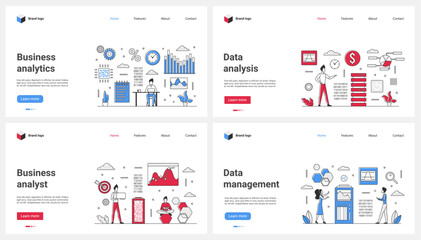 Wall Mural - Business analysis, data analytics process and management thin line set vector illustration. Cartoon tiny analysts work with reports of digital online services, manage results of data statistics system