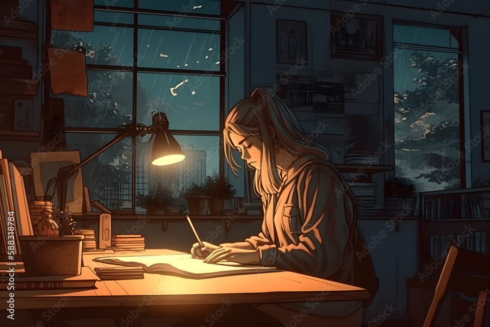 Cool Lofi Girl studying at her desk. Rainy or cloudy outside, beautiful ...