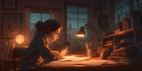 cool lofi girl studying at her desk. rainy or cloudy outside, beautiful chill, atmospheric wallpaper
