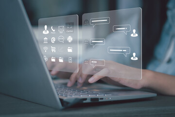 Businessman using laptop computer chatting with chat bot, Chat with AI or Artificial Intelligence technology. chatting communication. Customer using online service with chat bot. chat gpt.