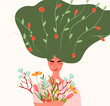 Charming lady with flowers in her hair and hands, perfect for springtime cards and posters, banners, invitation. Vector illustration for special occasions like Mothers Day or Women Day. Vector.