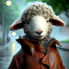Puppet of a sheep dressed in a leather jacket. Stop-motion animation concept. Generative AI.