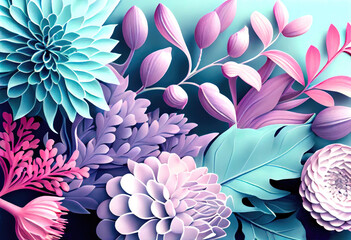 Aufkleber - Abstract floral background with flowers, leaves, in 3d style, ai generation.