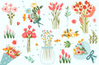 A hand embracing a bouquet of wildflowers, colorful chamomile, poppies, and green leaves, bouquet flowers in a glass vase. Bright cards Perfect for various celebrations.Vector illustration. 