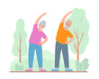Elderly couple of man and woman doing exercises. Senior people active healthy lifestyle concept. Vector cartoon or flat illustration.