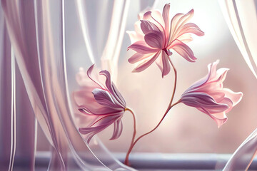 Wall Mural - Beautiful fantastic pink, lilac flowers on a light morning window curtain background, ai generation