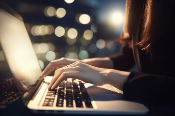 Poster - a businesswoman typing on a laptop, bokeh generative ai