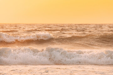 Poster - Sea ocean water surface with white foaming small waves at sunset. Evening sunlight sunshine above sea. Natural sunset sky warm colors. Amazing landscape scenery. Crashing waves. Copy space. Nature