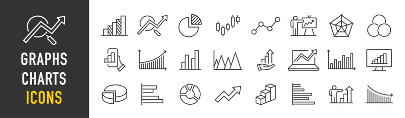 Poster - Graph and Charts web icons in line style. Graphics, infographic, statistics, data, diagrams, economy reduction, finance, down or up arrow, business, increase, decrease. Vector illustration.