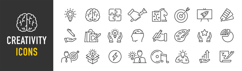 Poster - Creativity web icons in line style. Creativity, Finding solution, Brainstorming, technology, teamwork, Inspiration, Creative thinking, Brain. Vector illustration.