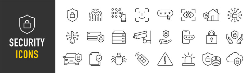 Poster - security web icons in line style. guard, cyber security, password, smart home, safety, data protecti