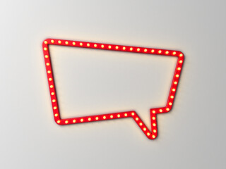 Fototapete - Blank speech bubble notification red sign frame with retro yellow shining neon light bulbs isolated on dark white wall background with shadow creative idea concepts 3D rendering