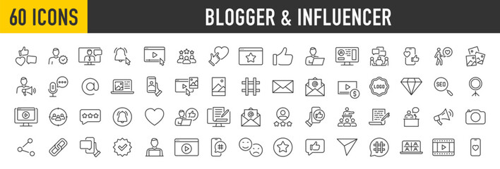 Fototapete - Set of 60 Blogger and Influencer web icons in line style. Blog, monetization, personal brand, video, likes, social media, collection. Vector illustration.